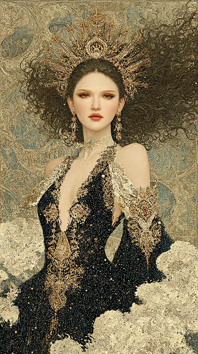 高度精细的奇幻人像画:一位美丽的空灵女子,肌肤苍白,唇色艳红,目光深邃,浓密的深棕色长卷发狂野飞扬,头戴华丽精致的金色头饰王冠,带有繁复的镂空…, 图片 1