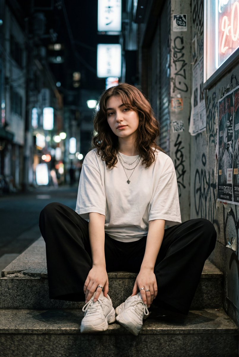 电影感街拍风格肖像：一位年轻女性坐在城市小巷的混凝土台阶上，柔和而忧郁的光影，及肩的波浪状棕色卷发配八字刘海，神态从容自信，身穿宽松的白色T恤…, 图片 1