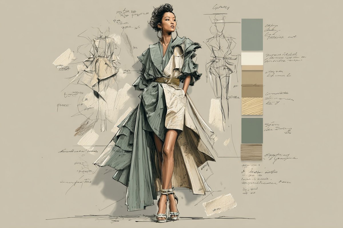 一幅时装秀场插画，灵感源自[subject]的造型，展示了[color1]和[color2]的高级时装面料色卡，伴有戏剧性的灯光、夸张的姿态，…, 图片 2