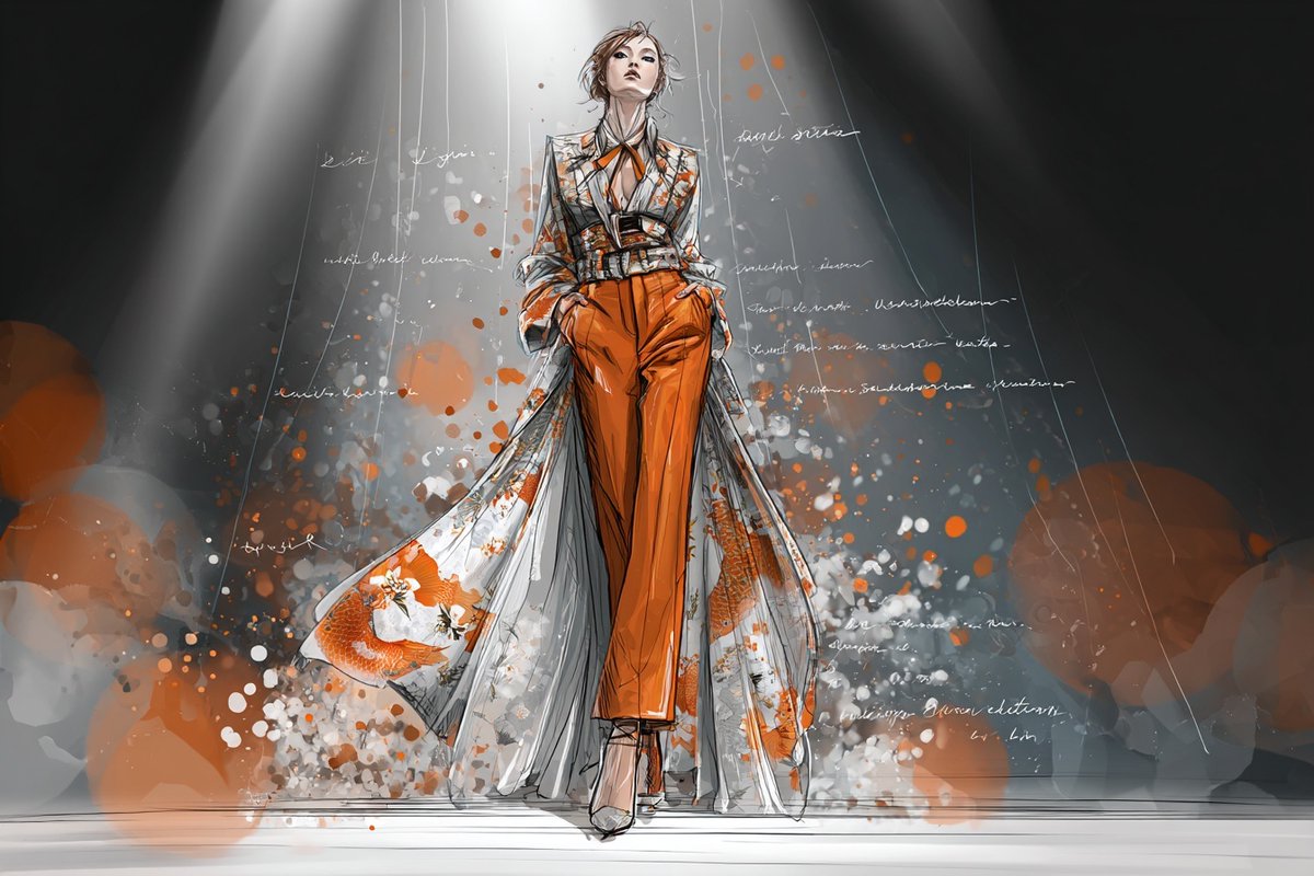 一幅时装秀场插画，灵感源自[subject]的造型，展示了[color1]和[color2]的高级时装面料色卡，伴有戏剧性的灯光、夸张的姿态，…, 图片 3