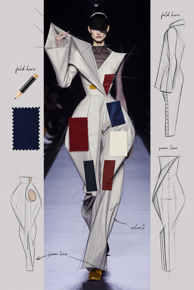 一幅时尚 T 台插画，服装灵感来自 [subject]，搭配 [color1] 和 [color2] 的高级时装面料小样，戏剧化的灯光，夸张的…, 图片 1