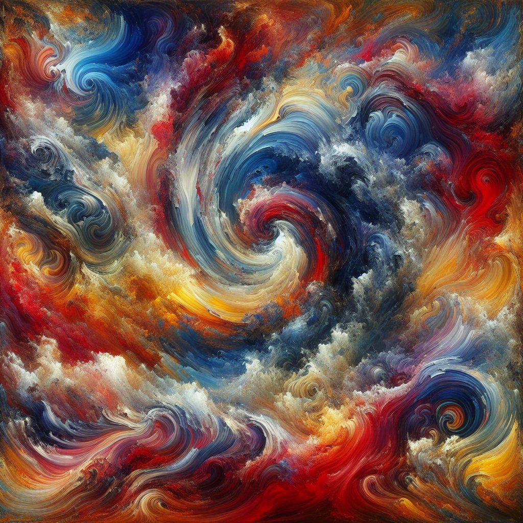 创作一幅抽象艺术作品,模拟杰克逊·波洛克滴画技法的爆炸性能量与瓦西里·康定斯基通感交响乐的融合,画布上旋涡状的鲜艳颜料在节奏性的混沌中起舞,每…, 图片 1