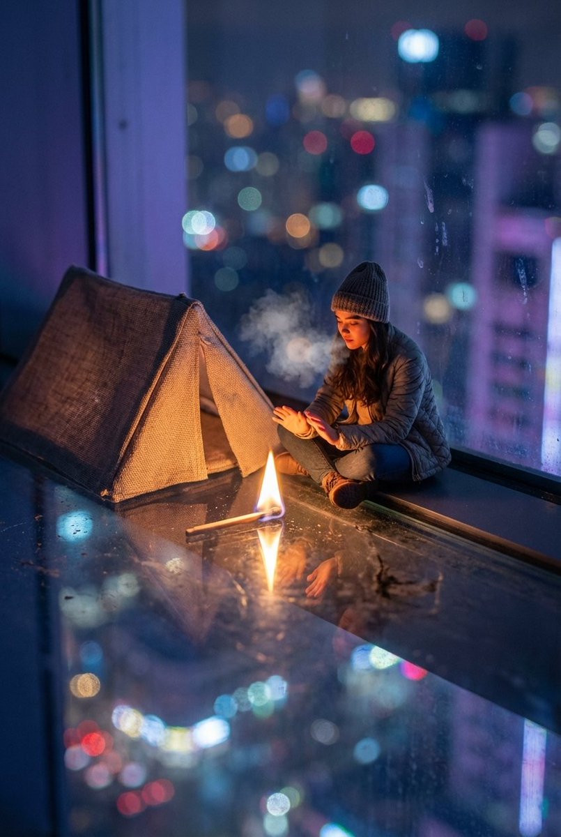 一个温馨、超现实的场景:一位微小的露营者在摩天大楼窗台的边缘搭起帐篷,悬于夜晚模糊的城市高空。主体以上传的面部作为参考,正就着一根火柴头燃起的…, 图片 1
