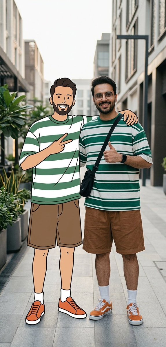 一个电影感的街头时尚场景,画面中的我与上传的图片保持着完全相同的面部和身体特征,旁边站着我的二维卡通插画版本,两者自然互动。我戴着圆框眼镜,穿…, 图片 1