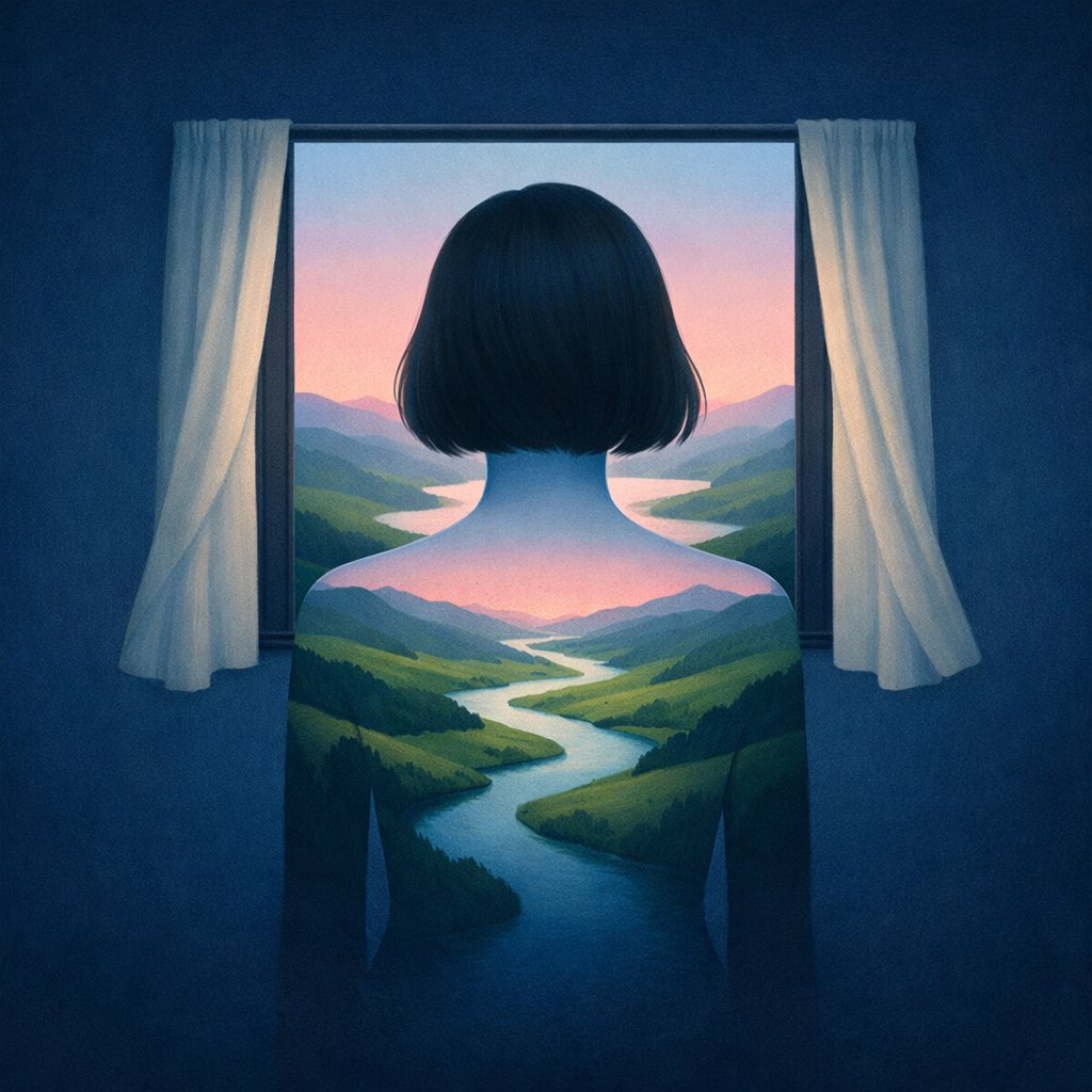 一幅概念超现实插画，描绘一位完全背对视角的女性，站在一扇两侧带有柔软窗帘的简易长方形窗前，悬浮在深蓝色虚空中。摄像机从背后正对着拍摄，只显示她…, 图片 1