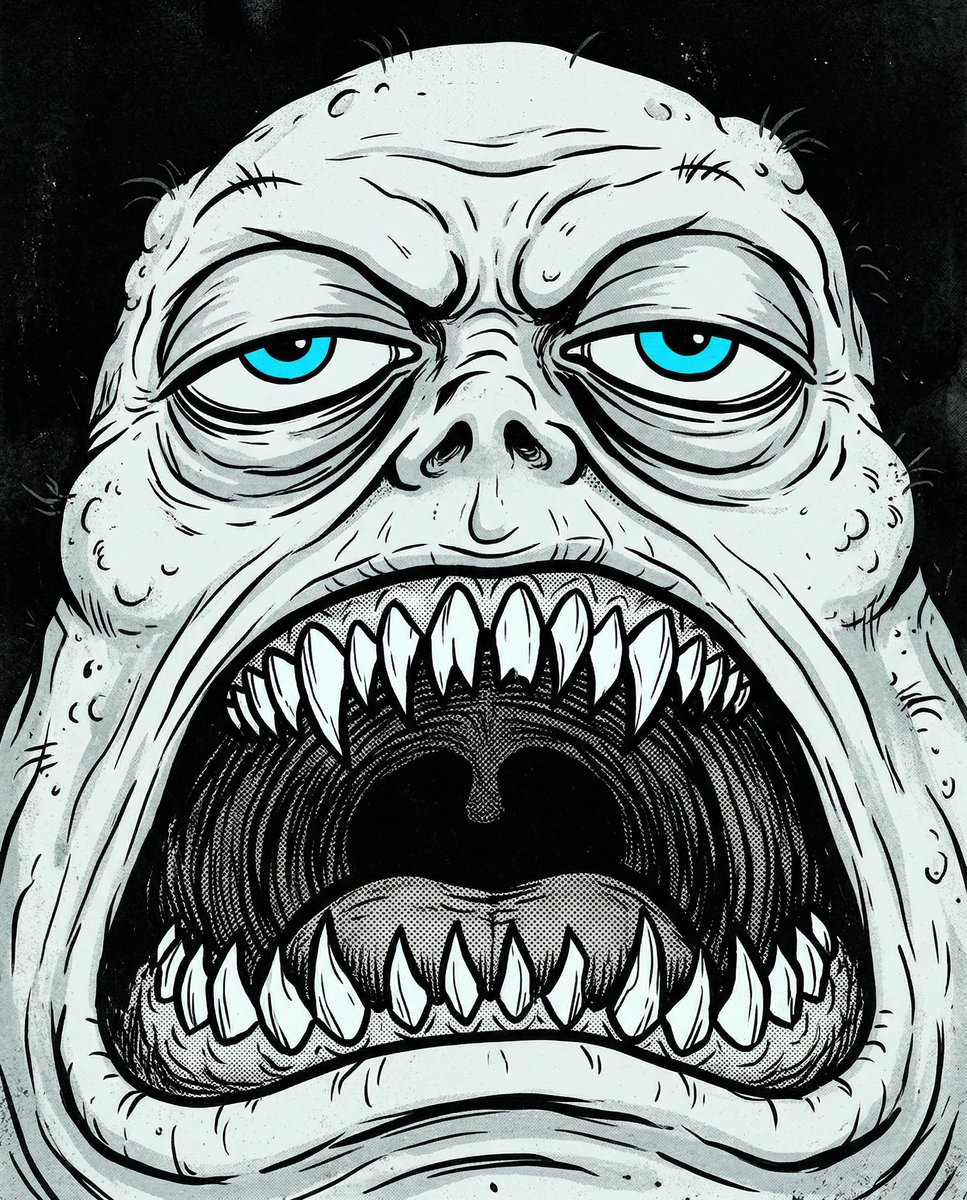 A dramatic, close-up stylized illustration of a monstrous yet silly, ghostly pa…
