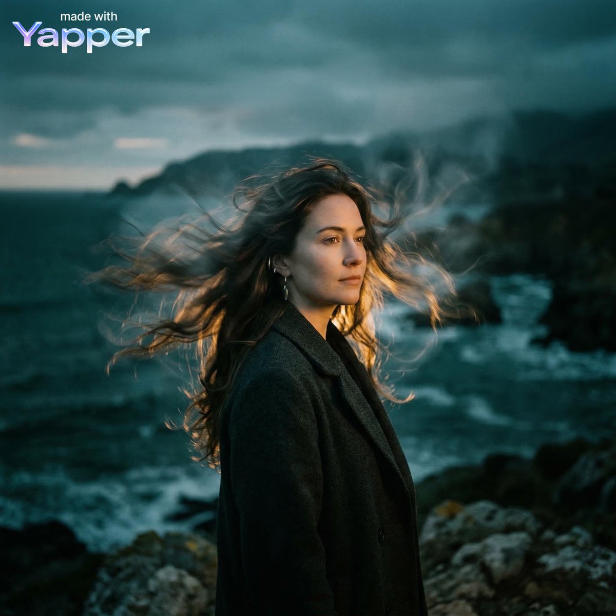 创作一张电影感长曝光人像:一位女性的头发被风吹拂,向外流动形成柔和的运动轨迹,发丝在她头部周围形成幽灵般的波纹,深青绿色阴影衬托出温暖的金色轮…, 图片 1