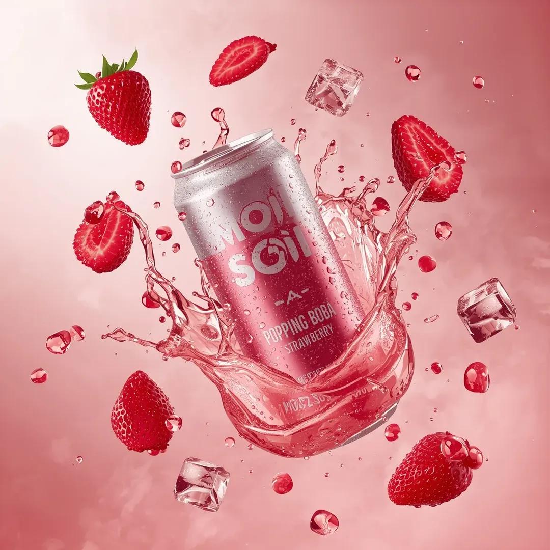 超逼真商业饮料广告拍摄:标有“MOI SOI – POPPING BOBA STRAWBERRY”字样的高铝罐斜向悬浮在空中。罐体采用充满活力…, 图片 1