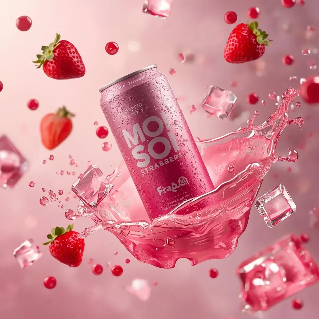 超逼真商业饮料广告拍摄:标有“MOI SOI – POPPING BOBA STRAWBERRY”字样的高铝罐斜向悬浮在空中。罐体采用充满活力…, 图片 2
