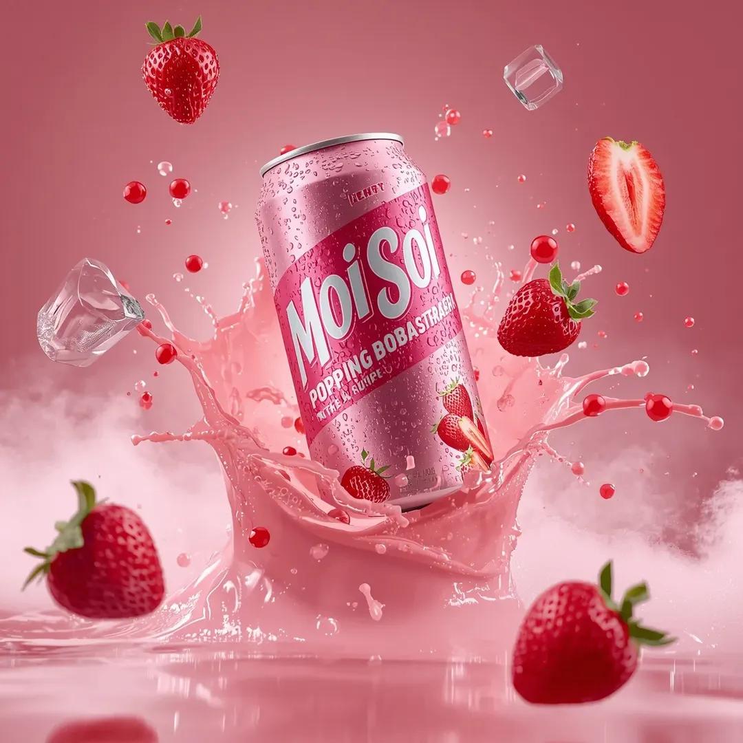 超逼真商业饮料广告拍摄:标有“MOI SOI – POPPING BOBA STRAWBERRY”字样的高铝罐斜向悬浮在空中。罐体采用充满活力…, 图片 3
