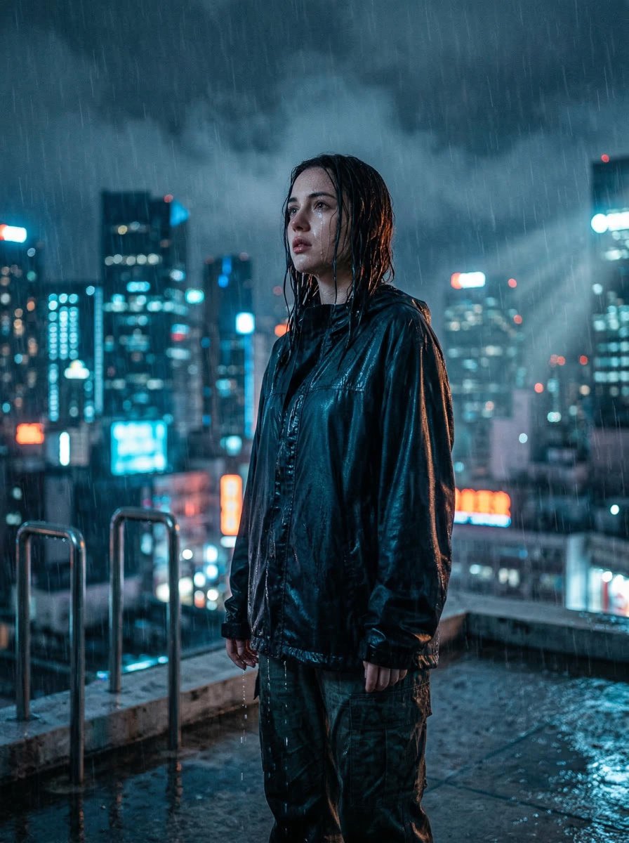 电影感屋顶夜景场景，大雨倾盆，一位孤独的年轻男子/女子站在现代都市屋顶边缘附近，戏剧性的低角度仰拍，暴雨倾泻，雨水顺着脸颊和湿透的衣服流淌，湿…, 图片 1