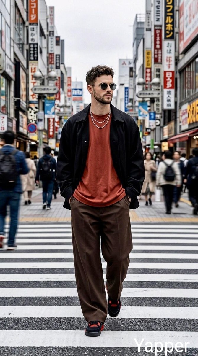时尚年轻男子自信地穿过繁华的城市十字路口,背景是充满活力的日本街区,戴着圆形墨镜,身穿铁锈红色宽松T恤、黑色休闲夹克,佩戴层叠银色项链,下着休…, 图片 1