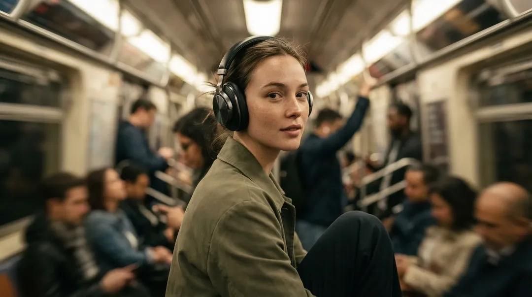 照片级写实风格的奢华广告大片：一位女性模特身处拥挤的地铁车厢中，一只手轻轻将高端无线头戴式耳机调整至耳边，头部微微低垂，眼神向侧面望去，带着沉…, 图片 1