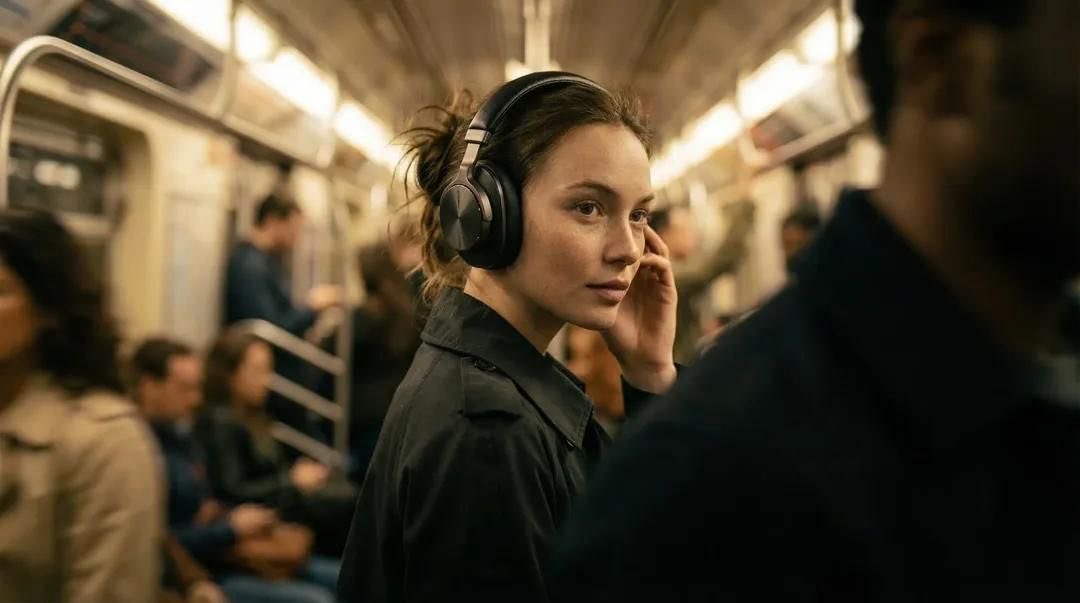 照片级写实风格的奢华广告大片：一位女性模特身处拥挤的地铁车厢中，一只手轻轻将高端无线头戴式耳机调整至耳边，头部微微低垂，眼神向侧面望去，带着沉…, 图片 2