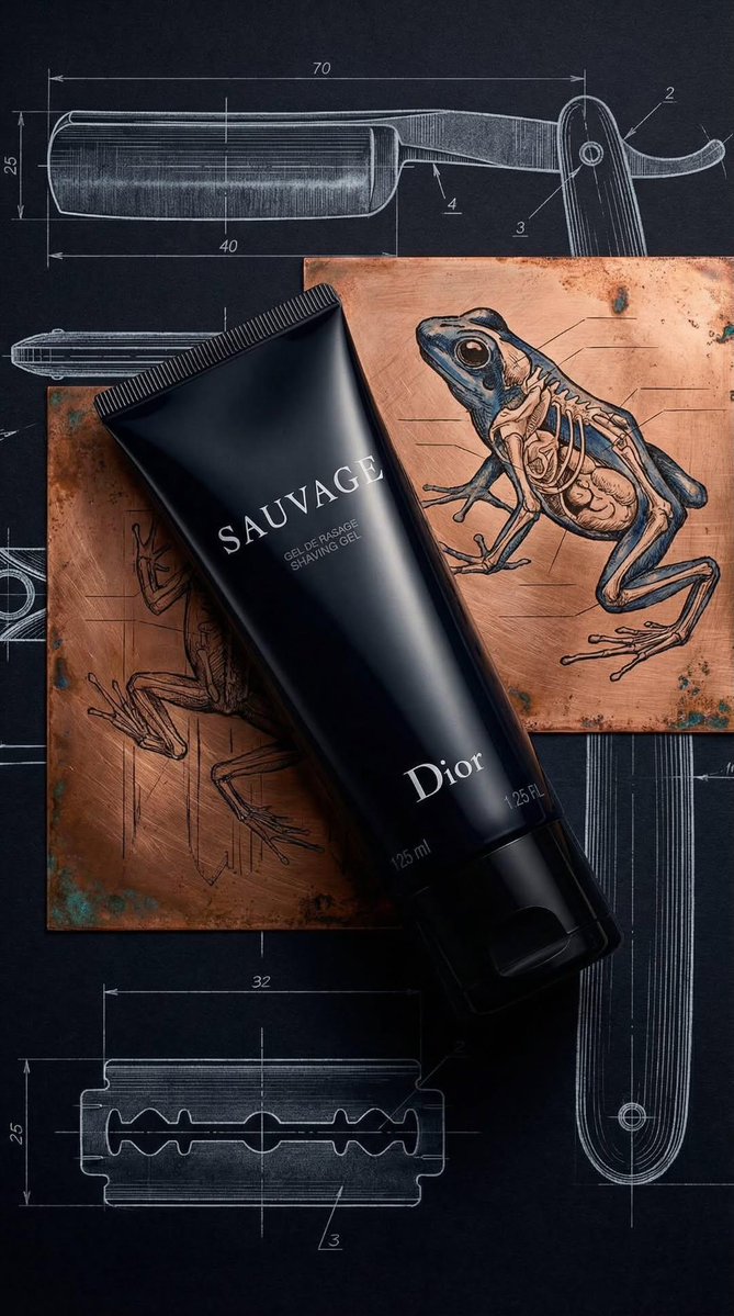 奢华产品摄影:一支哑光黑色剃须凝胶管,标签上印有“SAUVAGE”和“Dior”,斜放在两块古铜色铜板上,铜板上雕刻着复古解剖学青蛙插图(一只…, 图片 1
