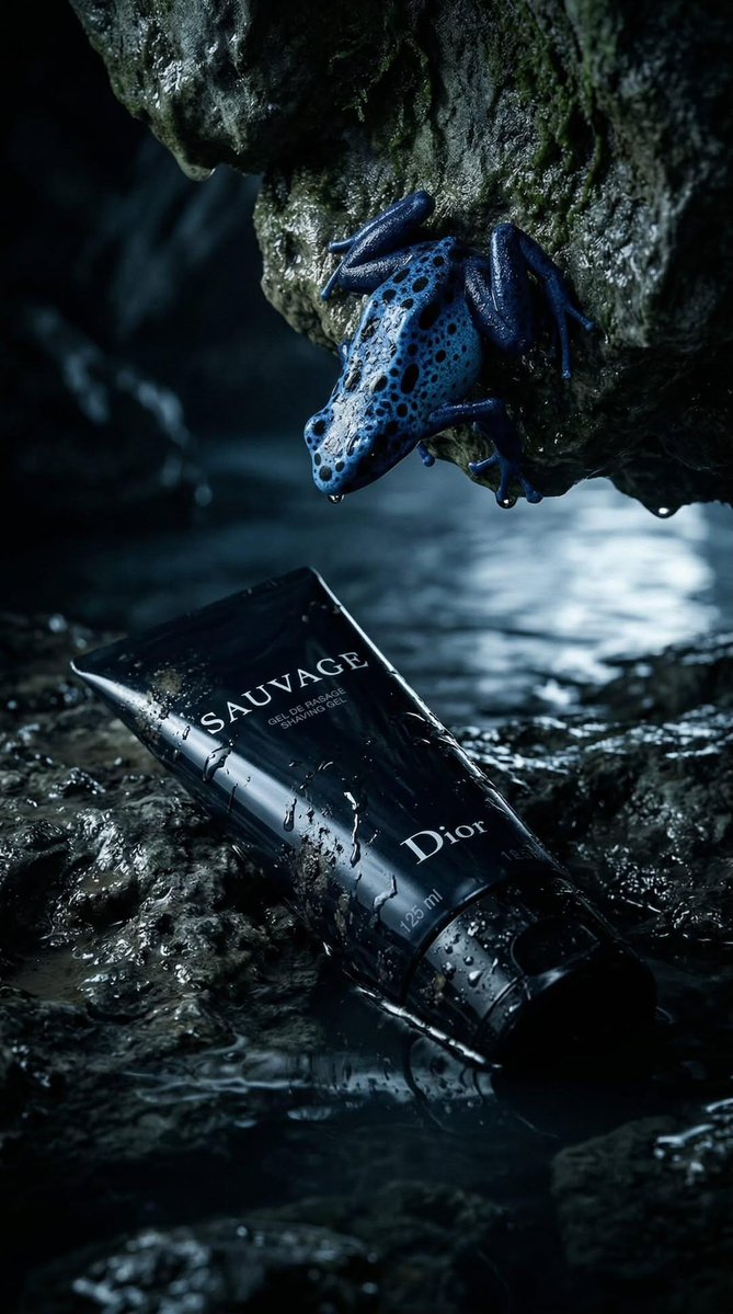 奢华产品摄影:一支哑光黑色剃须凝胶管,标签上印有“SAUVAGE”和“Dior”,斜放在两块古铜色铜板上,铜板上雕刻着复古解剖学青蛙插图(一只…, 图片 2