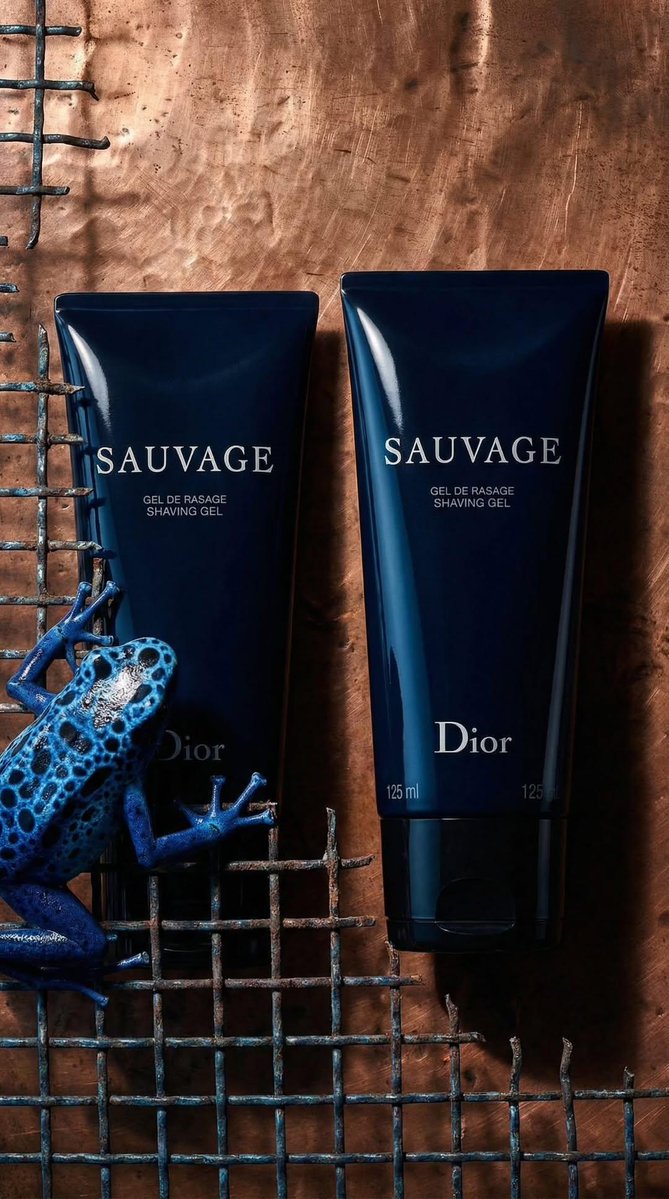 奢华产品摄影:一支哑光黑色剃须凝胶管,标签上印有“SAUVAGE”和“Dior”,斜放在两块古铜色铜板上,铜板上雕刻着复古解剖学青蛙插图(一只…, 图片 3