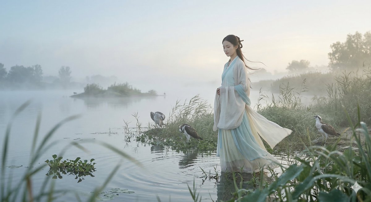 灵感来自中国古代《诗经》开篇之作《关雎》,创作一幅充满古典东方诗意的图像。整体氛围应空灵、含蓄、柔和、细腻而雅致,具备传统东方美学中的留白意趣…, 图片 1