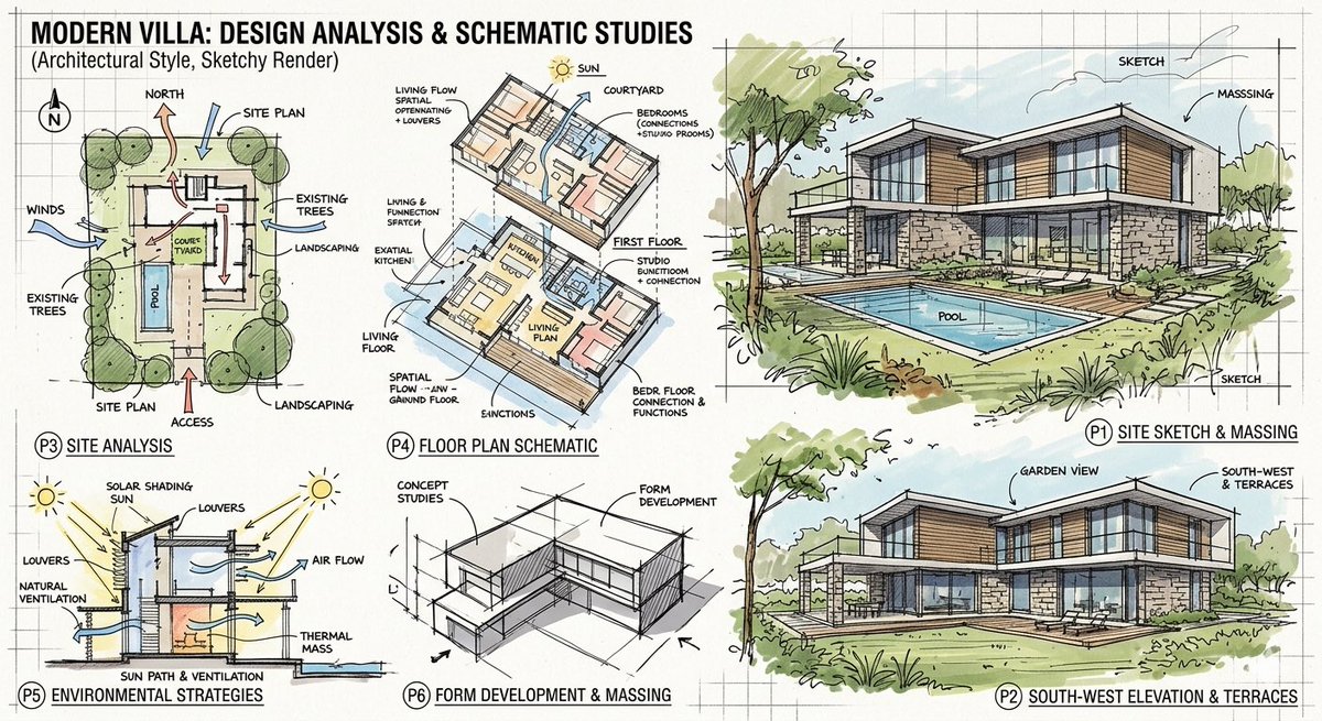 创建一个现代别墅的图像布局,附带草图分析渲染图 #AI #Architecture #DesignTech #Google #Innovati…, 图片 1