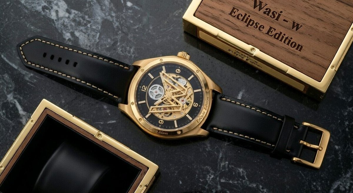 一张昂贵奢华腕表的微距摄影照片，型号为"WASI – W Eclipse Edition"。腕表采用醒目的双色表壳，由拉丝钛金属和抛光玫瑰金打…, 图片 1