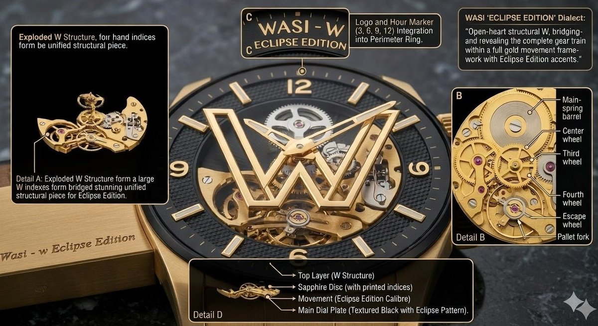 一张昂贵奢华腕表的微距摄影照片，型号为"WASI – W Eclipse Edition"。腕表采用醒目的双色表壳，由拉丝钛金属和抛光玫瑰金打…, 图片 2