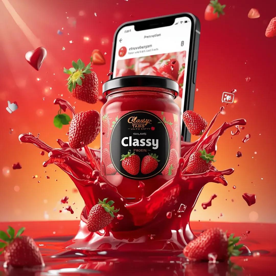 超写实的商业食品产品广告场景,画面中一个贴有"Classy Strawberry Jam"标签的玻璃罐在半空中动态悬浮。罐内装满光泽鲜亮的红色…, 图片 1