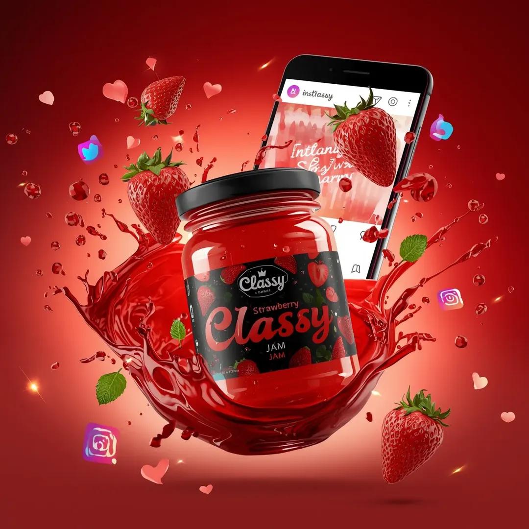 超写实的商业食品产品广告场景,画面中一个贴有"Classy Strawberry Jam"标签的玻璃罐在半空中动态悬浮。罐内装满光泽鲜亮的红色…, 图片 2