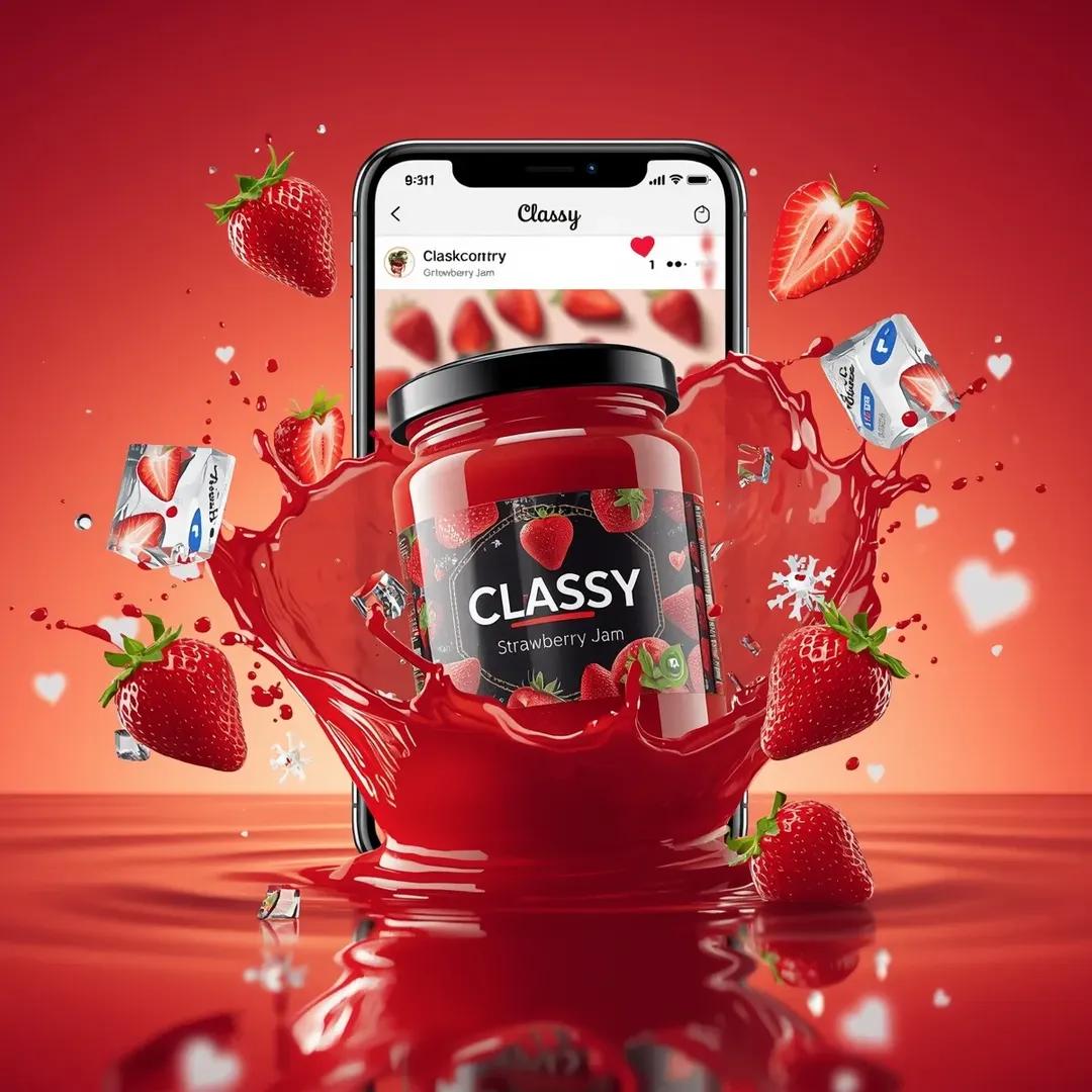 超写实的商业食品产品广告场景,画面中一个贴有"Classy Strawberry Jam"标签的玻璃罐在半空中动态悬浮。罐内装满光泽鲜亮的红色…, 图片 3
