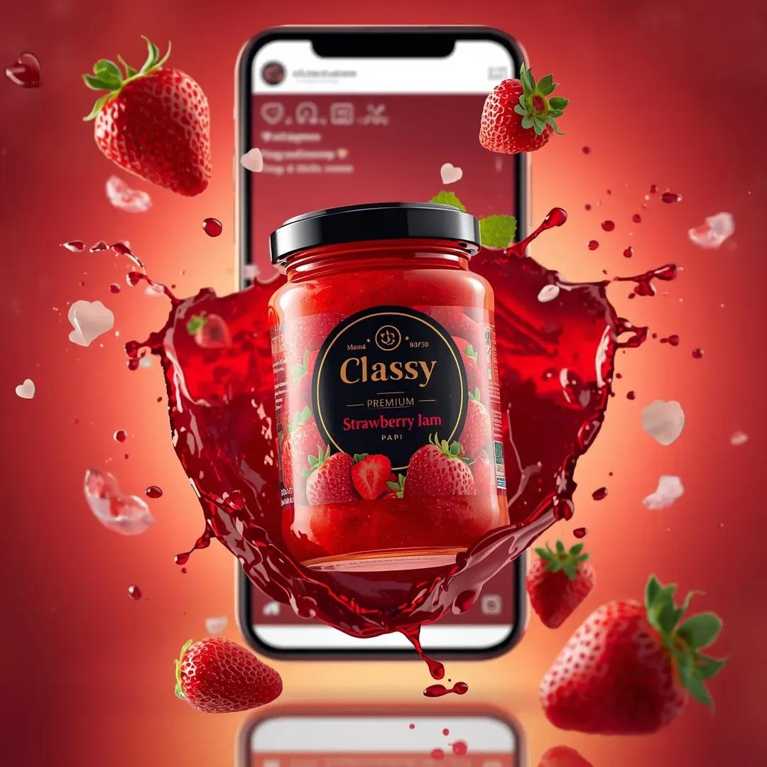 超写实的商业食品产品广告场景,画面中一个贴有"Classy Strawberry Jam"标签的玻璃罐在半空中动态悬浮。罐内装满光泽鲜亮的红色…, 图片 4
