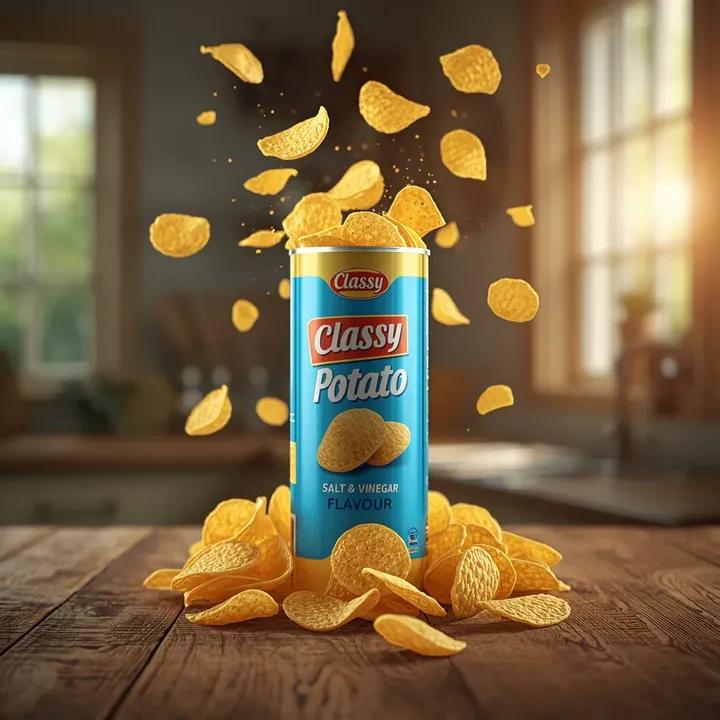 超写实的商业零食产品摄影：一个高高的圆柱形薯片罐，标签为“Classy Potato – Salt & Vinegar Flavour”（典雅…, 图片 1