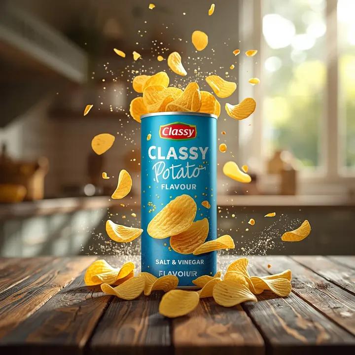 超写实的商业零食产品摄影：一个高高的圆柱形薯片罐，标签为“Classy Potato – Salt & Vinegar Flavour”（典雅…, 图片 2