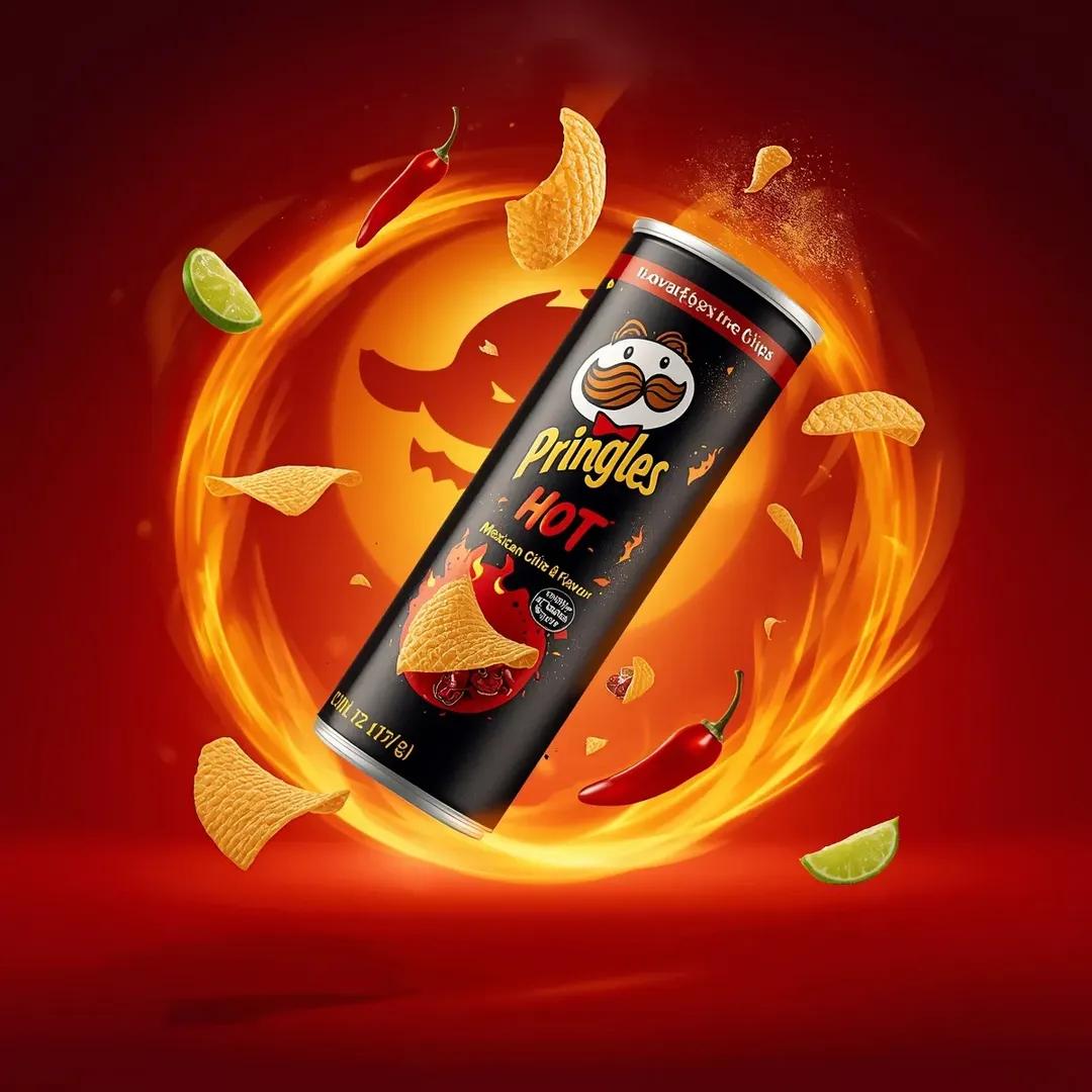 超写实电影感休闲零食广告摄影：一个倾斜悬浮在空中的“Pringles HOT – Mexican Chili & Lime Flavour”（…, 图片 1