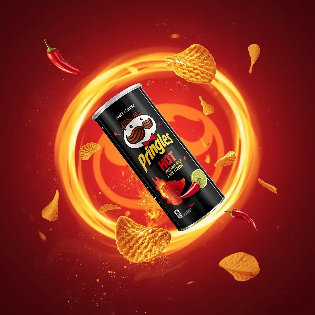 超写实电影感休闲零食广告摄影：一个倾斜悬浮在空中的“Pringles HOT – Mexican Chili & Lime Flavour”（…, 图片 2