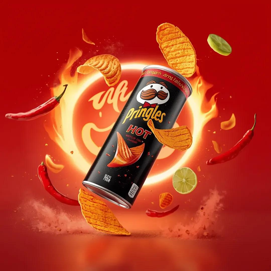 超写实电影感休闲零食广告摄影：一个倾斜悬浮在空中的“Pringles HOT – Mexican Chili & Lime Flavour”（…, 图片 3