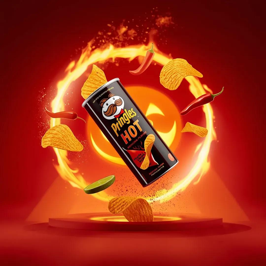 超写实电影感休闲零食广告摄影：一个倾斜悬浮在空中的“Pringles HOT – Mexican Chili & Lime Flavour”（…, 图片 4