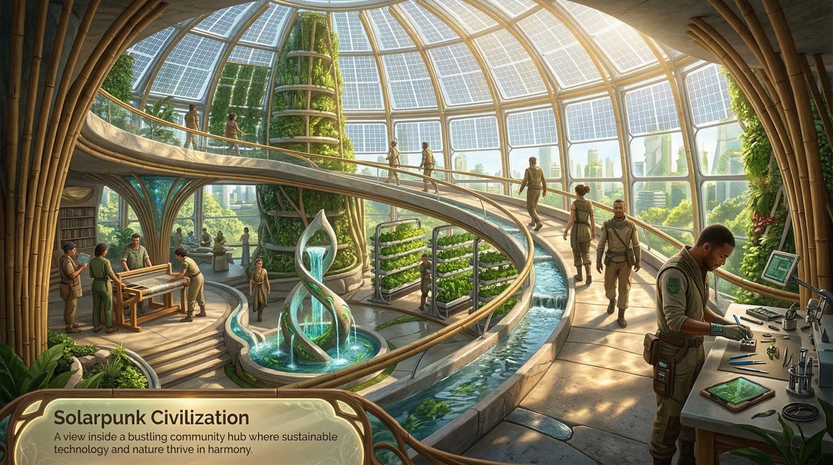 使用 Nano banana 2 生成的一个随机太阳能朋克(solarpunk)场景, 图片 1
