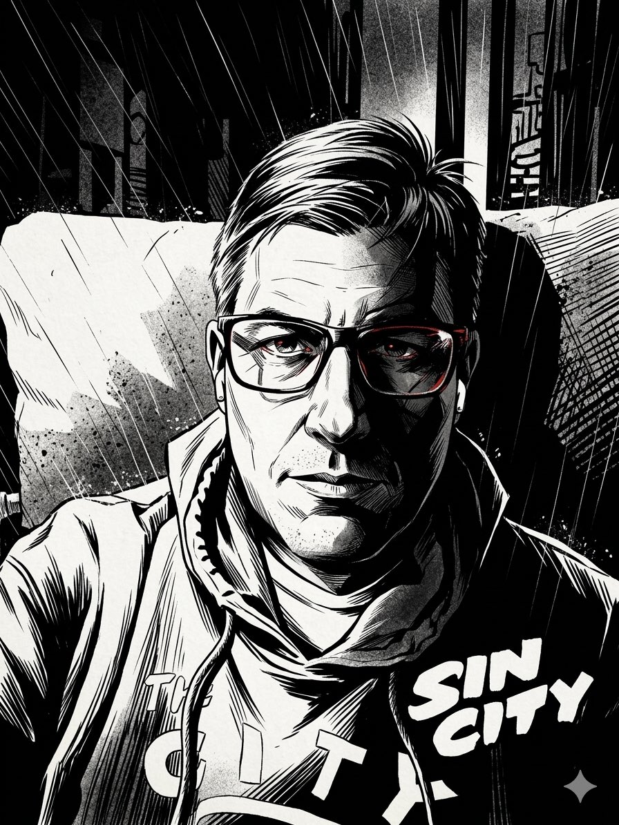 "我想让你用我的这张自拍照,用弗兰克·米勒的《罪恶都市》(Sin City)技法制作一个漫画风格的变体。"也许我应该更详细一些?Nano Ba…, 图片 1