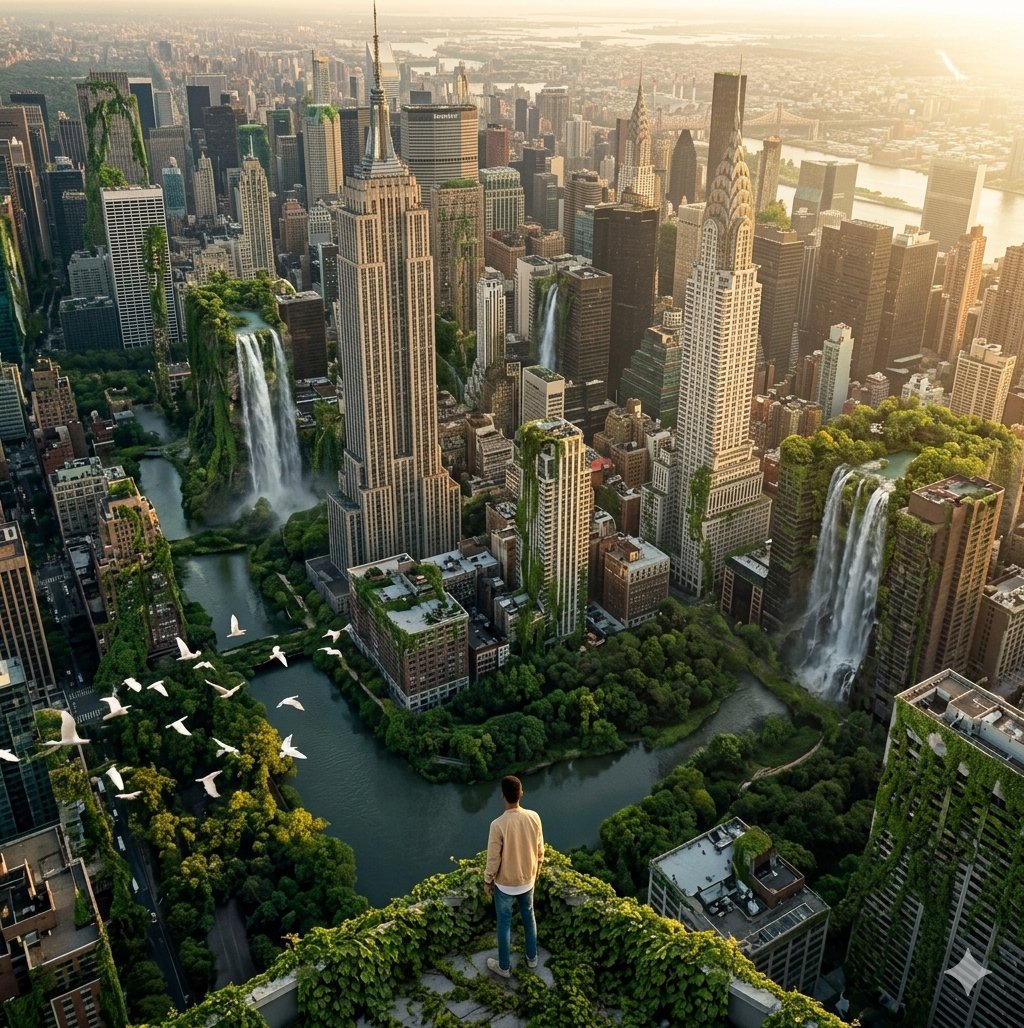 一个史诗级的宽幅航拍无人机镜头,飞越一座空无一人的纽约市,摩天大楼完全被郁郁葱葱的丛林藤蔓和瀑布覆盖。一群白色飞鸟从镜头前飞过。黄金时刻光线,…, 图片 1
