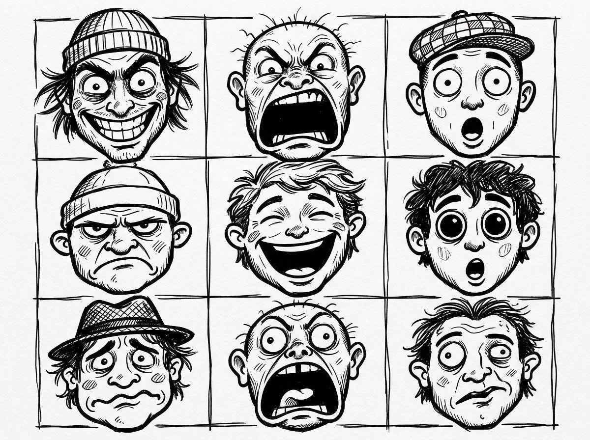 一幅黑白插画展现了一个由九个卡通面孔组成的网格,每个面孔都有独特而夸张的表情。这些面孔以简单、随性的素描风格绘制,配以粗黑的轮廓线,嘴巴和眼睛…, 图片 1