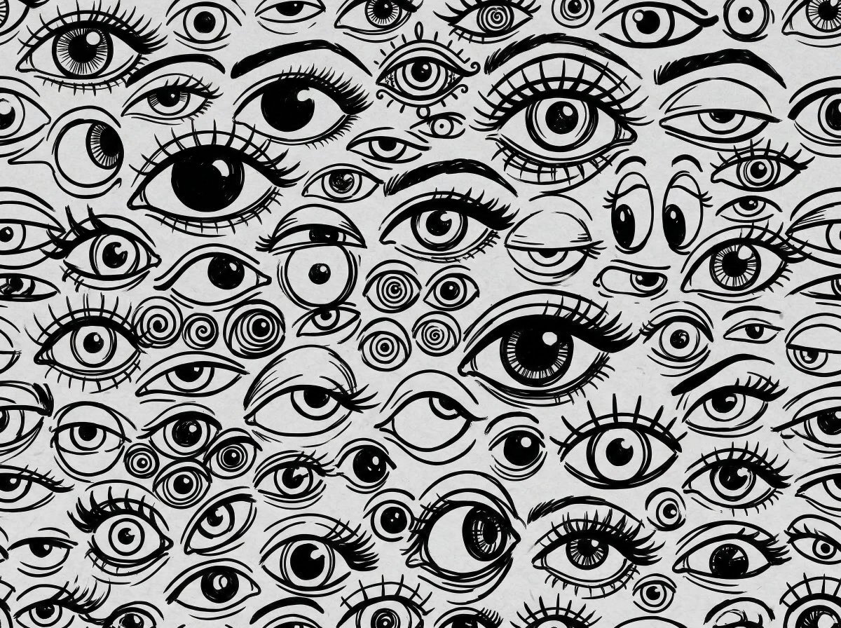 在一块浅灰色背景上,展示着一幅由各种眼睛组成的黑白手绘图案。画面中的眼睛尺寸和风格各异——有的睁得很大,有的半闭着,还有一些带有睫毛。线条粗犷…, 图片 1