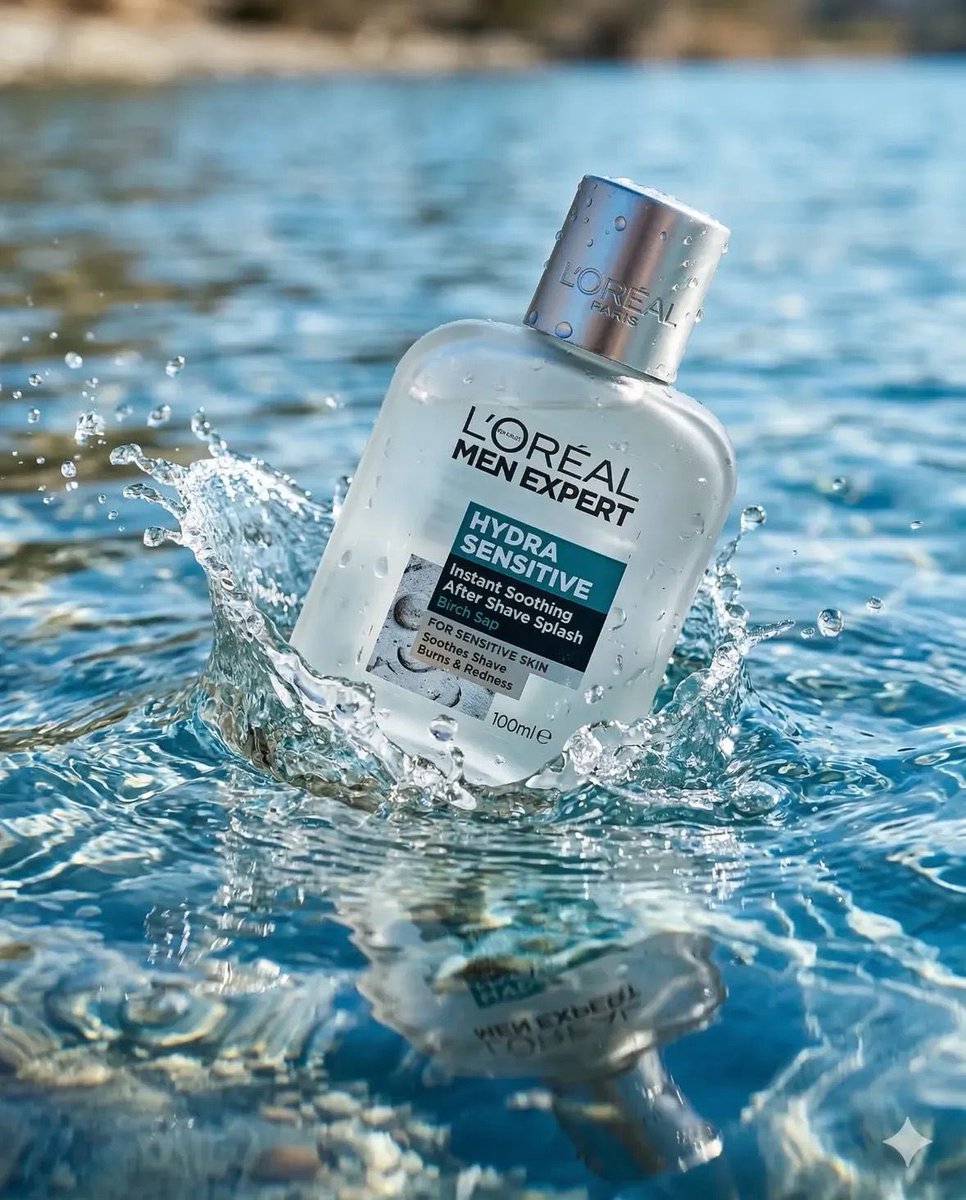 超写实的商业产品摄影:欧莱雅男士专家 Hydra Sensitive 瞬效舒缓须后水(after shave splash)瓶身部分浸没在清澈…, 图片 1