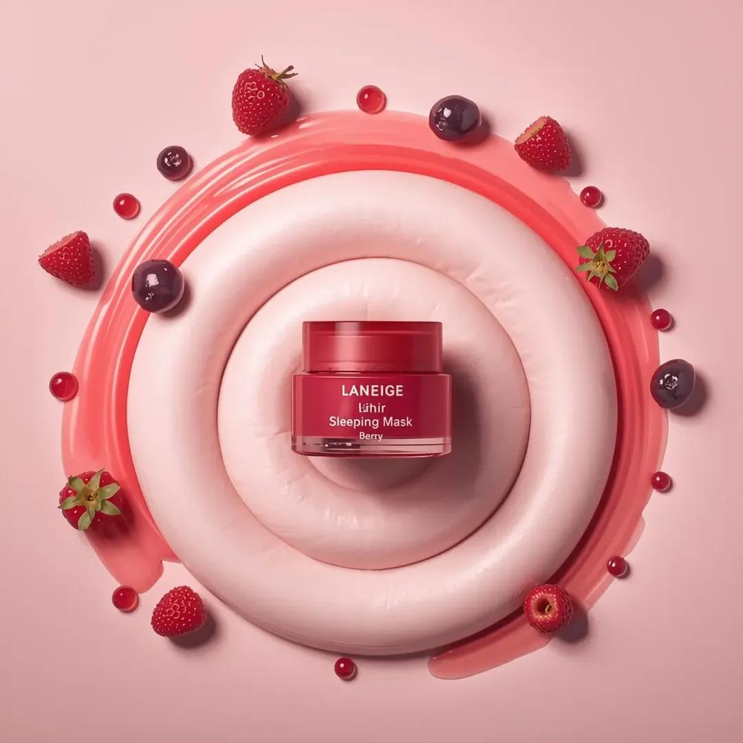 一个粉色化妆品罐居于画面中央,标签为“LANEIGE Lip Sleeping Mask [Berry] 3 g”,放置在一大团旋涡状白色奶油…, 图片 2