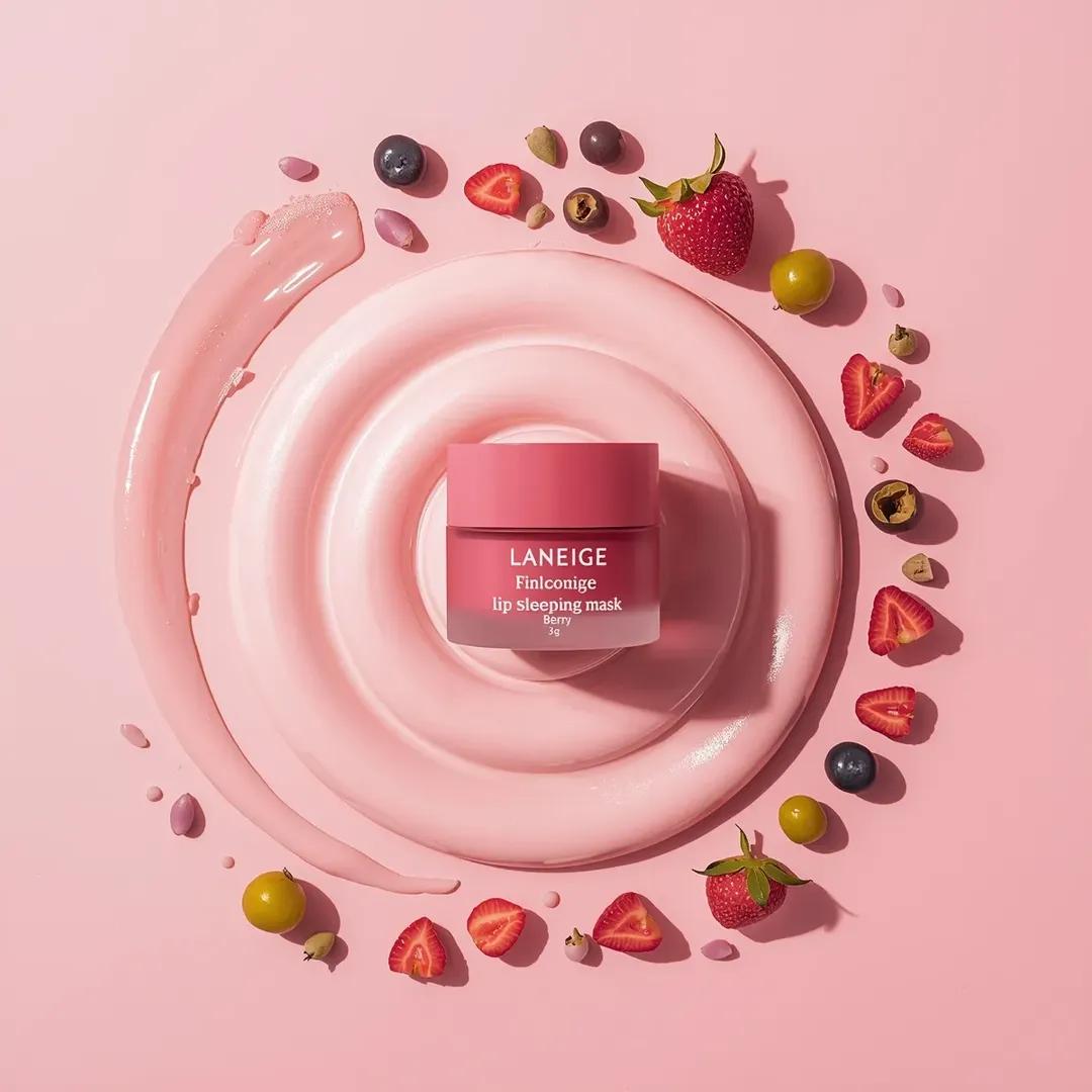 一个粉色化妆品罐居于画面中央,标签为“LANEIGE Lip Sleeping Mask [Berry] 3 g”,放置在一大团旋涡状白色奶油…, 图片 3
