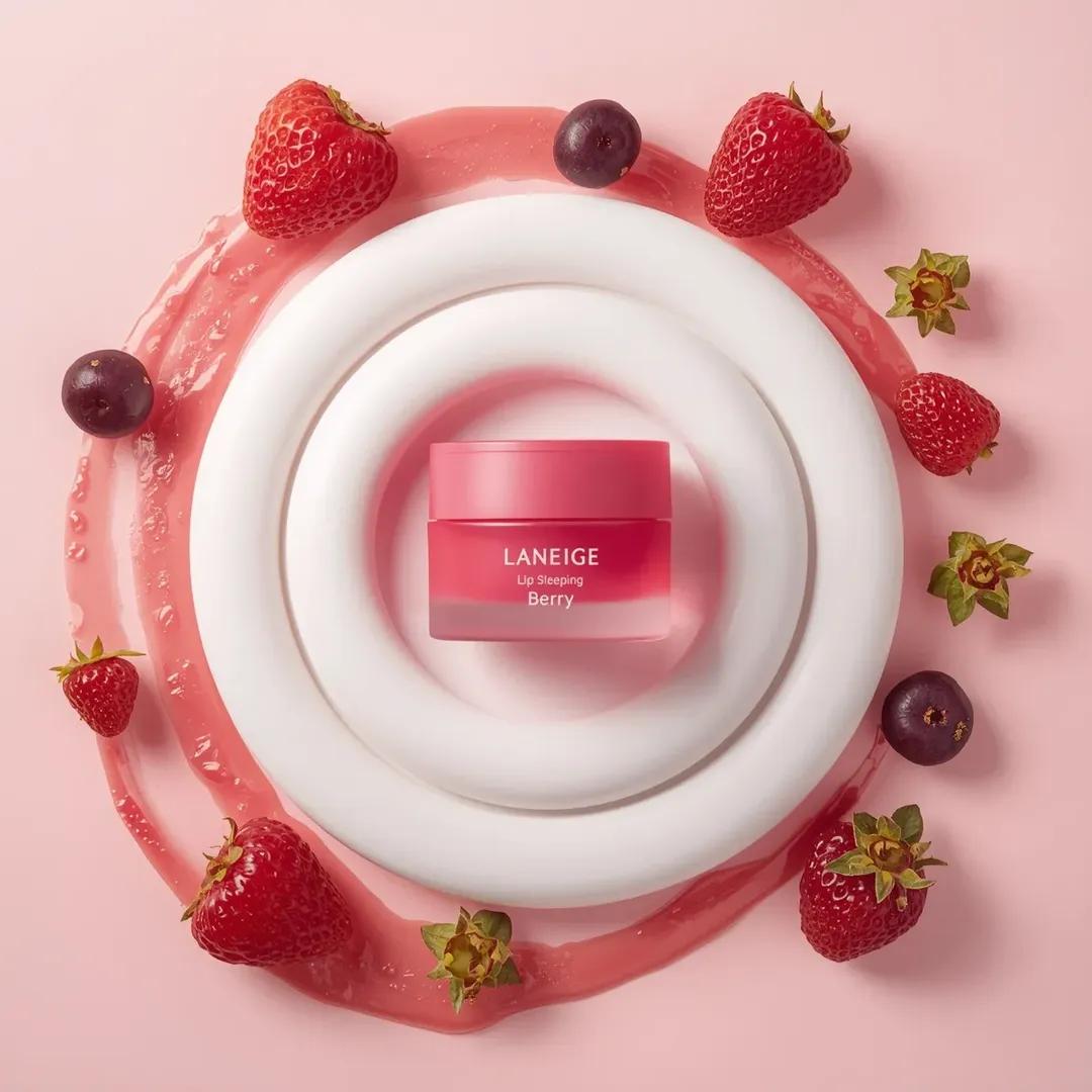 一个粉色化妆品罐居于画面中央,标签为“LANEIGE Lip Sleeping Mask [Berry] 3 g”,放置在一大团旋涡状白色奶油…, 图片 4