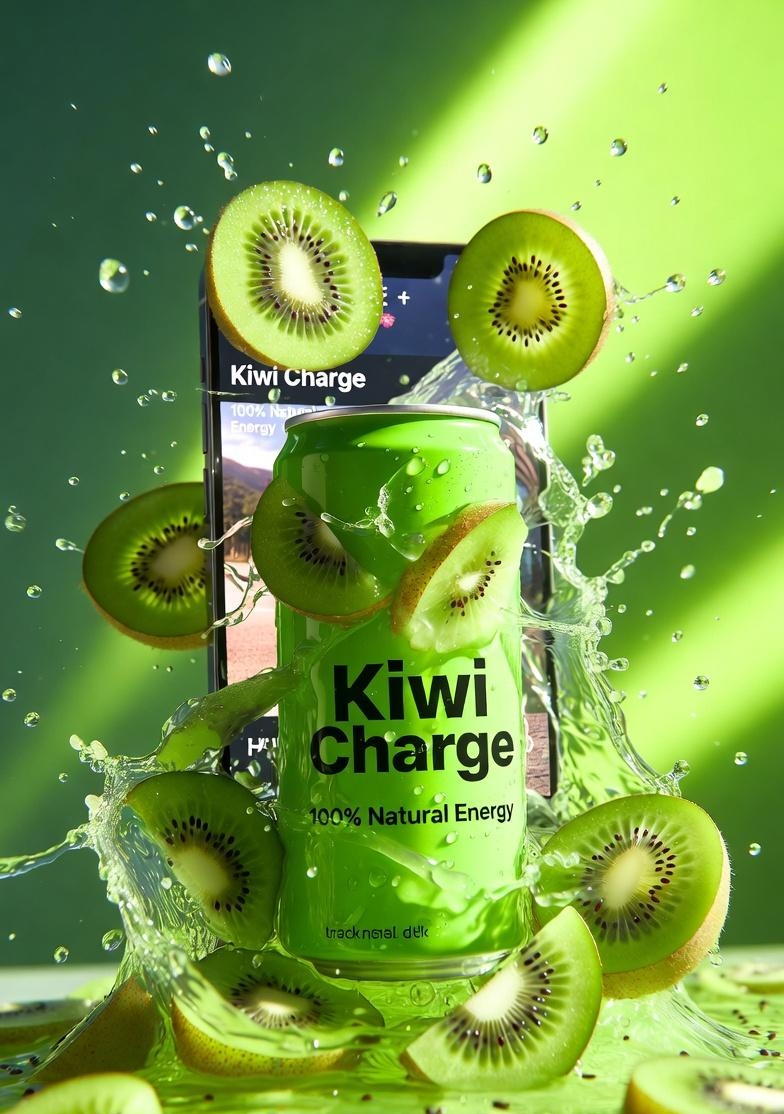高端产品广告拍摄:标注有“Kiwi Charge”字样的鲜绿色能量饮料罐,周围环绕着新鲜切片奇异果,伴有向外迸发的动态果汁飞溅和漂浮的水滴,光…, 图片 1