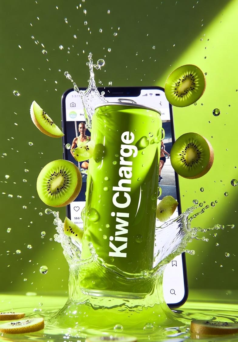 高端产品广告拍摄:标注有“Kiwi Charge”字样的鲜绿色能量饮料罐,周围环绕着新鲜切片奇异果,伴有向外迸发的动态果汁飞溅和漂浮的水滴,光…, 图片 2