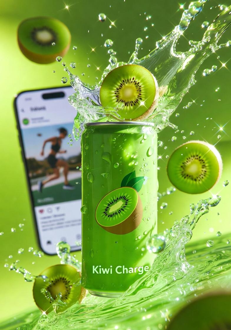 高端产品广告拍摄:标注有“Kiwi Charge”字样的鲜绿色能量饮料罐,周围环绕着新鲜切片奇异果,伴有向外迸发的动态果汁飞溅和漂浮的水滴,光…, 图片 3