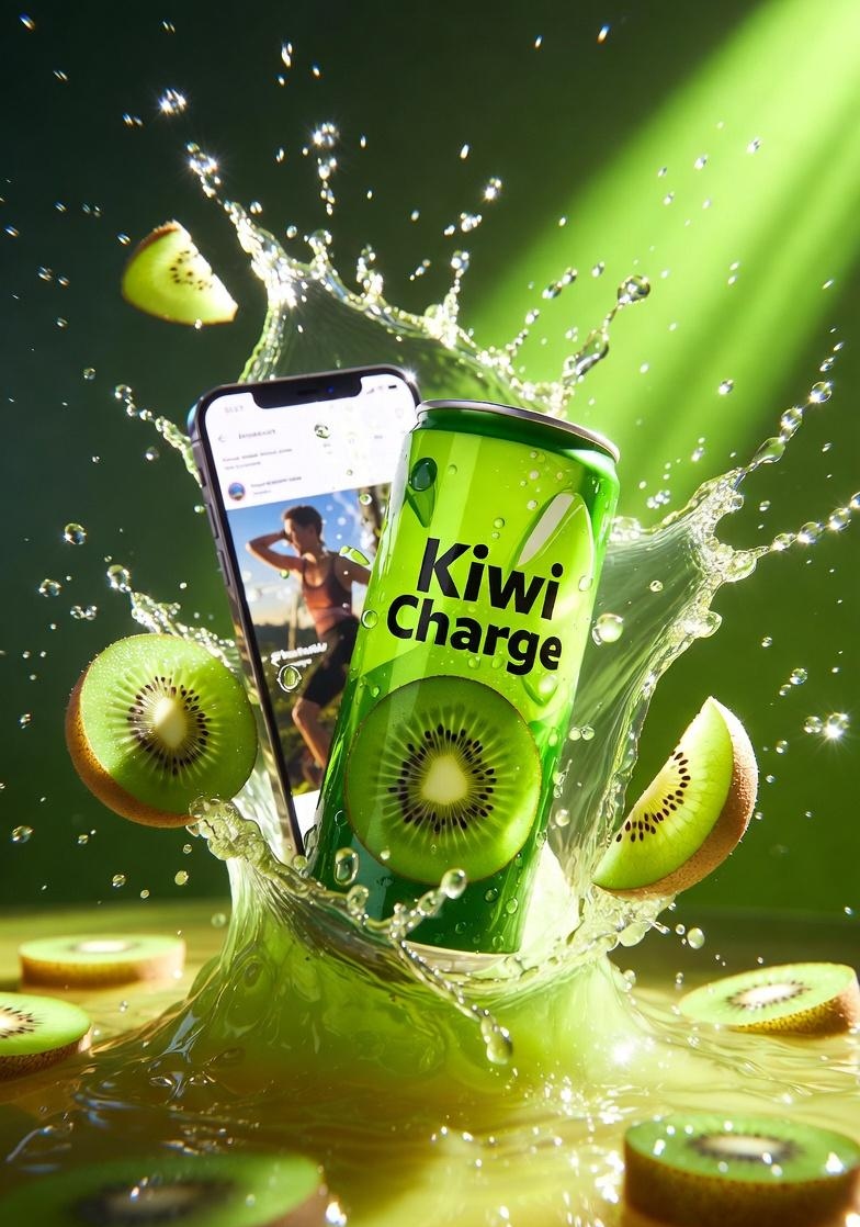 高端产品广告拍摄:标注有“Kiwi Charge”字样的鲜绿色能量饮料罐,周围环绕着新鲜切片奇异果,伴有向外迸发的动态果汁飞溅和漂浮的水滴,光…, 图片 4