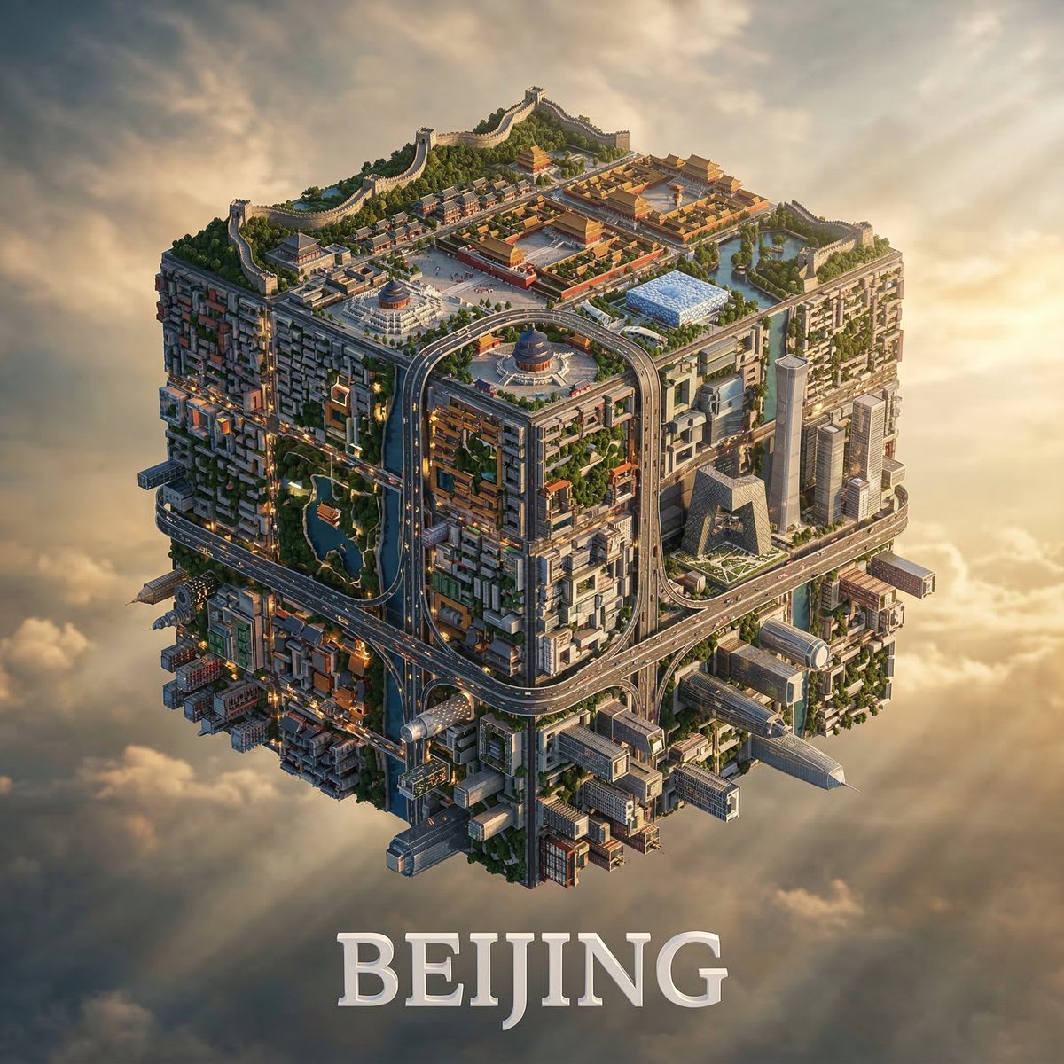 创建一个超精细的方形 3D 插图，描绘城市 [Beijing]（北京）环绕着一个悬浮在天空中的立方体的所有面。整个立方体被城市环境覆盖：现代摩…, 图片 1