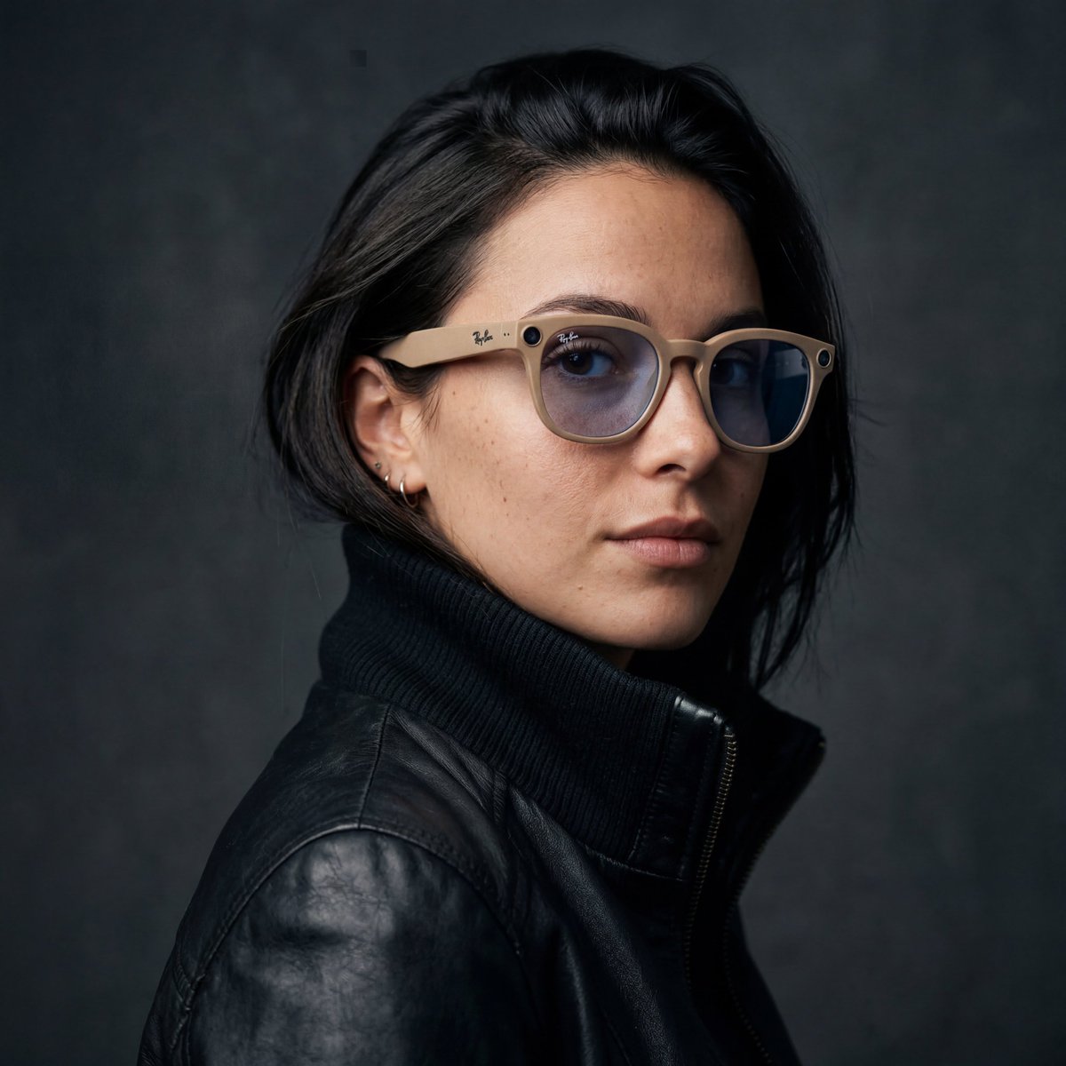 电影感工作室人像:一位自信的年轻女性佩戴时尚米黄色镜框智能眼镜,镜片带有淡淡的蓝色调,外框角处可见集成摄像头镜,镜腿上有雷朋(Rayban)标…, 图片 2